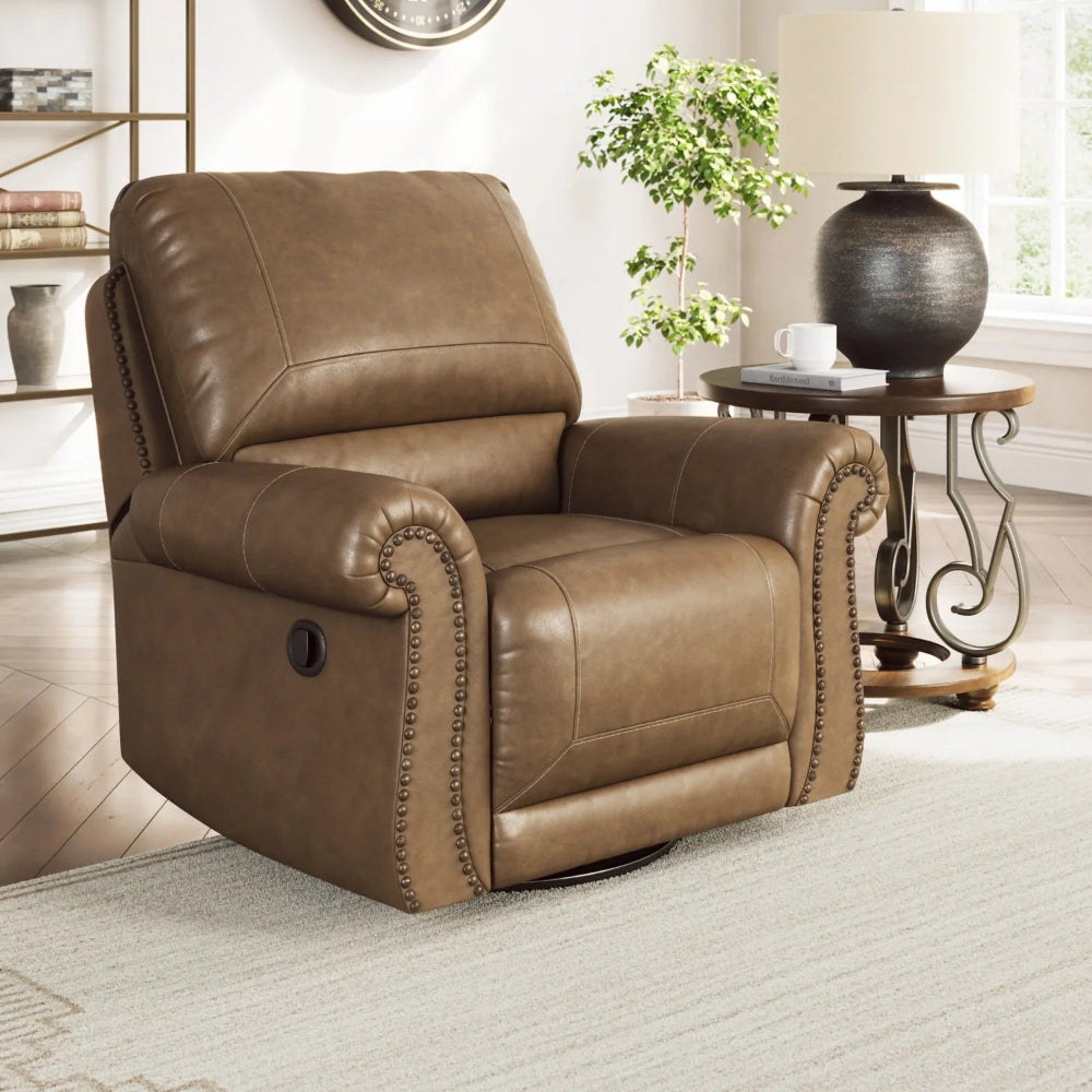 PC5590261 Chasemore Swivel Glider Recliner Chair In Faux Leather Upholstery - Earth | Signature Design By Ashley