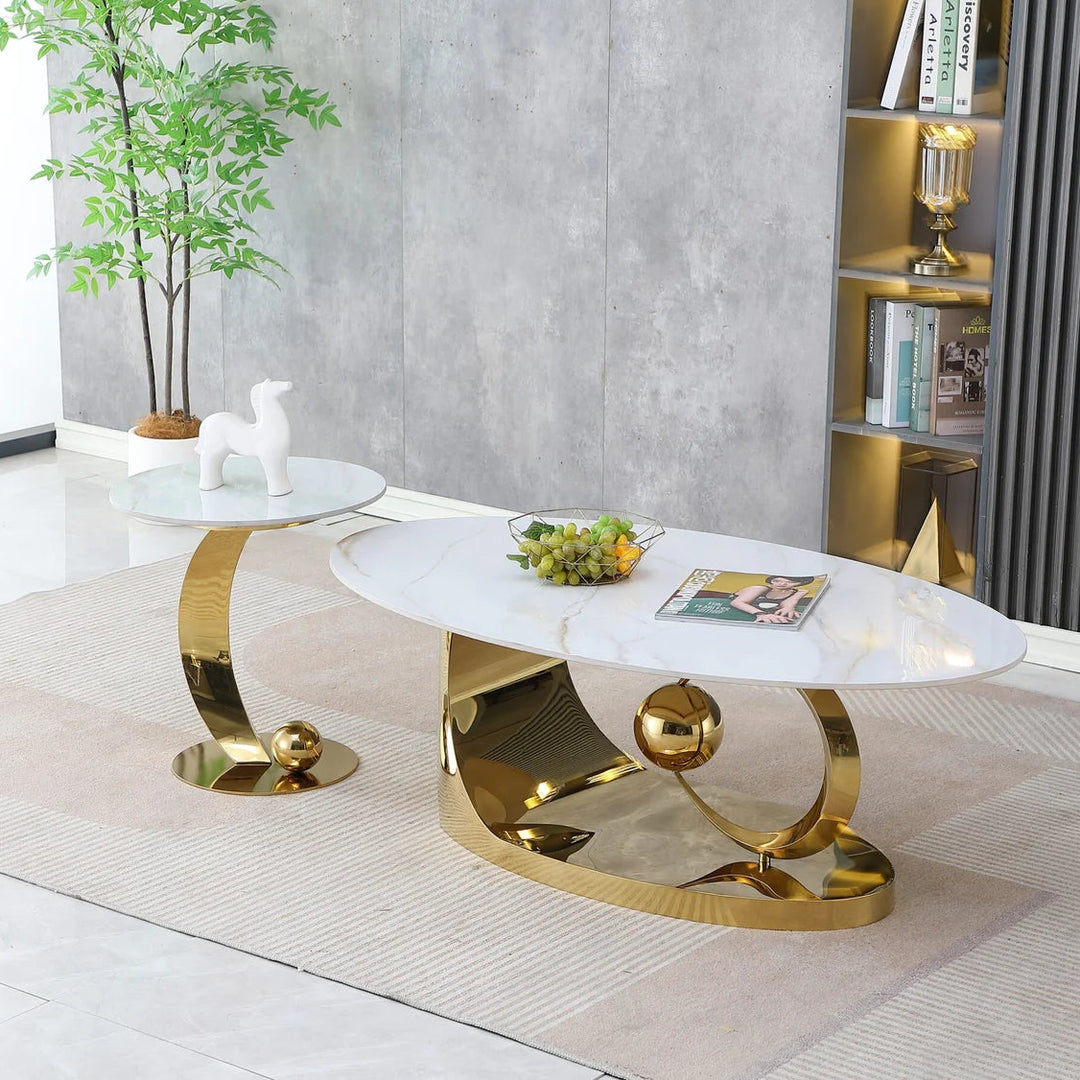 Melody Metallic Coffee Table Set In Polished Gold/ White Finish