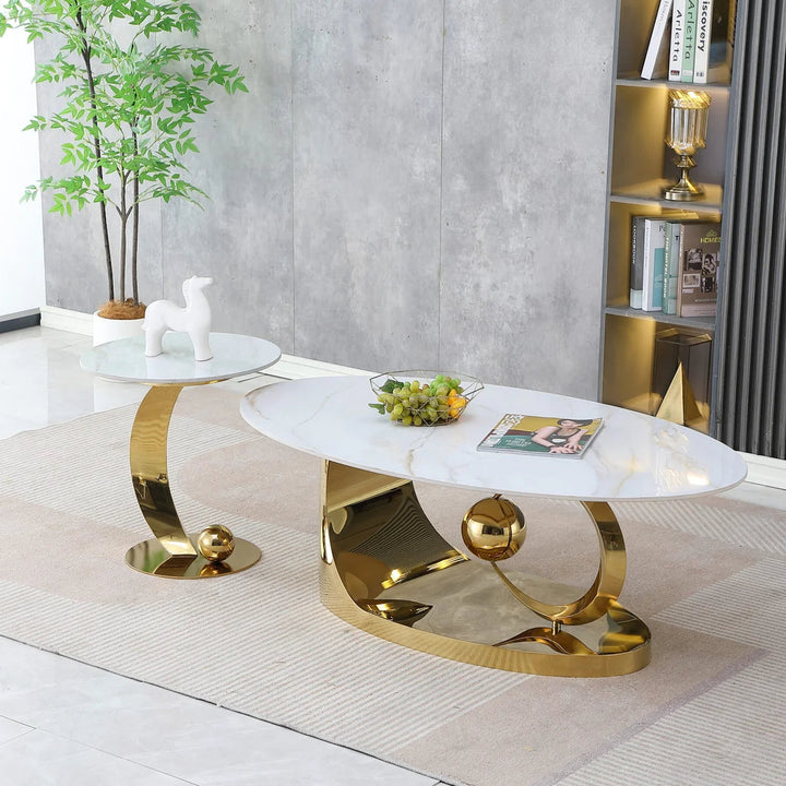 Melody Metallic Coffee Table Set In Polished Gold/ White Finish