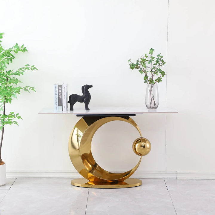 Half Moon Metallic Console Table In Polished Gold/ White Finish