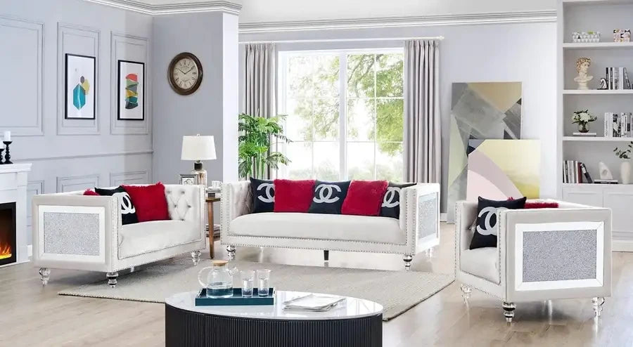 Chanel Style Glamorous BLUE 3 Piece Living-Room Set in Crushed Crystal