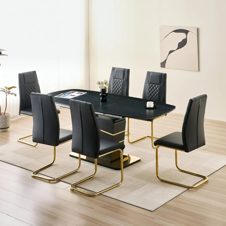 Lysa Modern Dining Table Set For 6 With Leather Upholstered Chairs - Black/ Gold