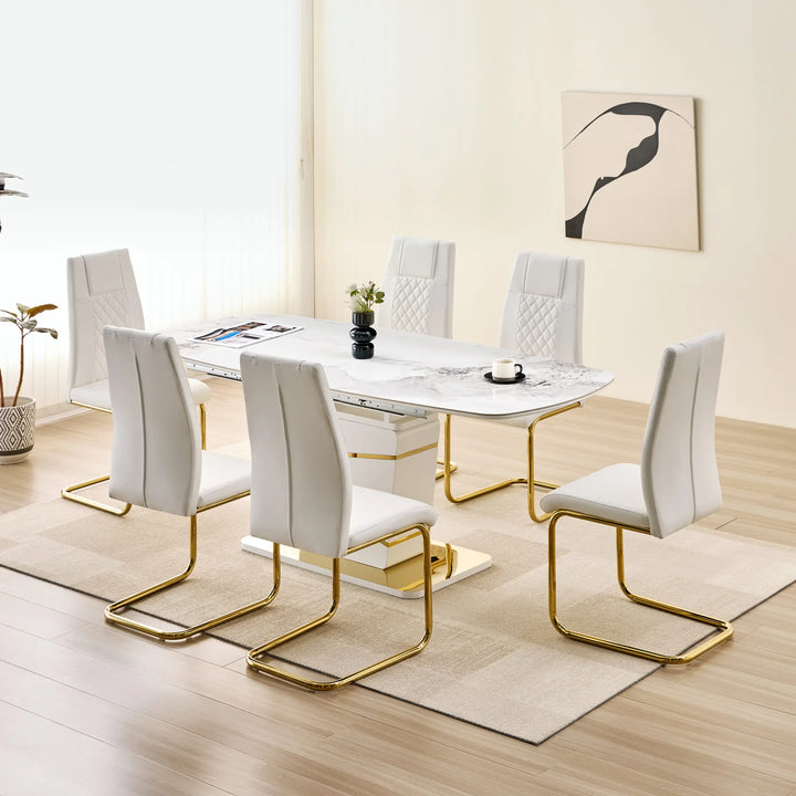 Lysa Modern Dining Table Set For 6 With Leather Upholstered Chairs - White/ Gold