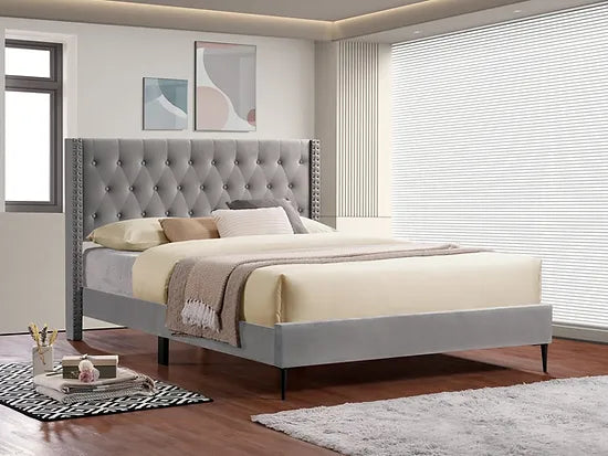 Grippo Exquisite Platform Bed with Sophisticated Velvet Fabric - Grey