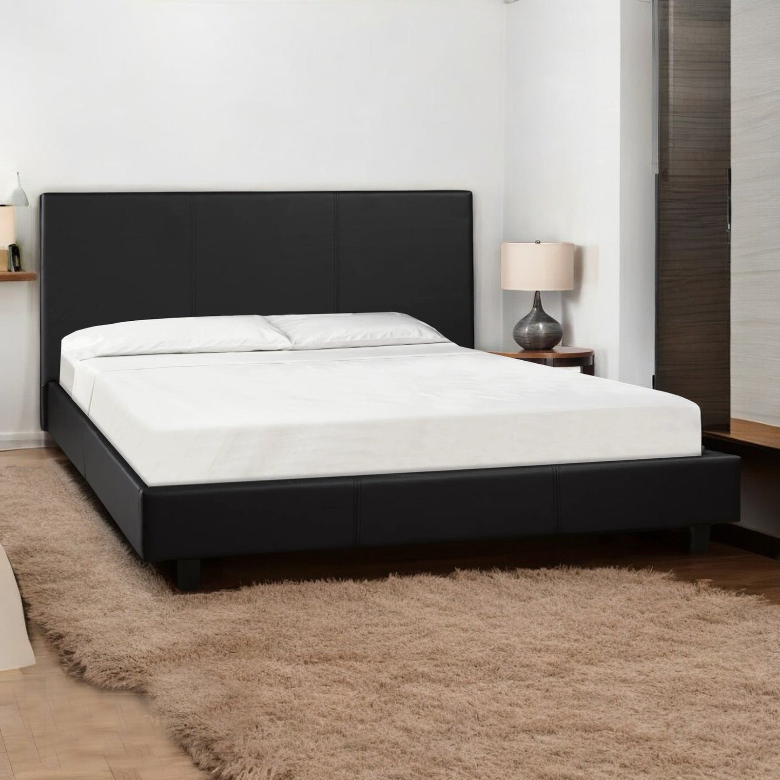 Lennox Platform Bed Frame In Faux Leather Upholstery - Black - Close-Up Detail