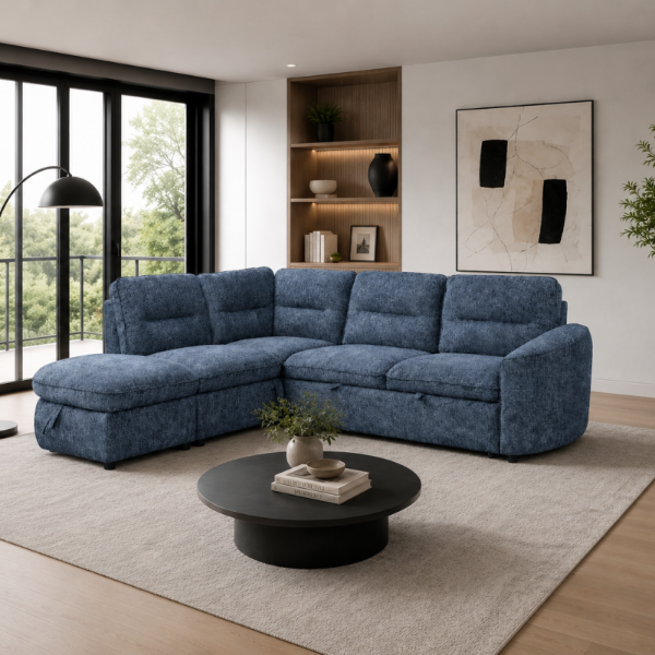 Stuart Blue Sleeper Sectional Sofa With Storage Chaise | Available In RHF/ LHF Configuration