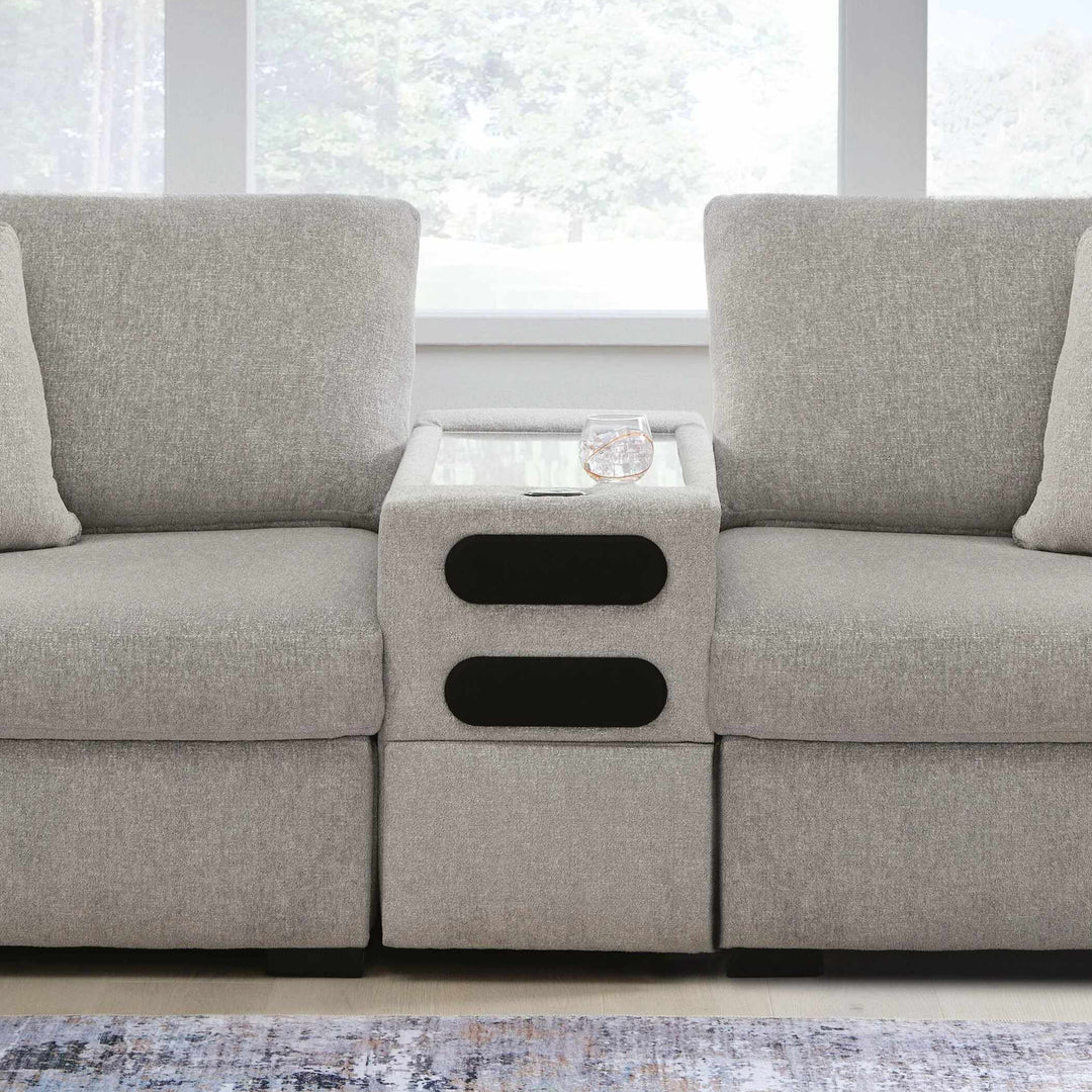 68605S10 Modmax Luxe 3-Piece Fabric Upholstered Sectional Loveseat With Audio System Console - Flint | Benchcraft By Ashley