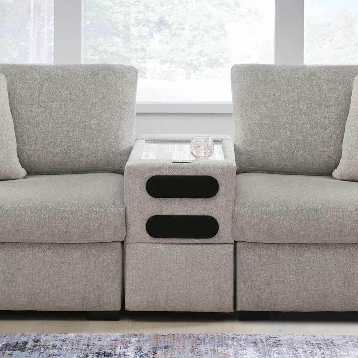68605S10 Modmax Luxe 3-Piece Fabric Upholstered Sectional Loveseat With Audio System Console - Flint | Benchcraft By Ashley