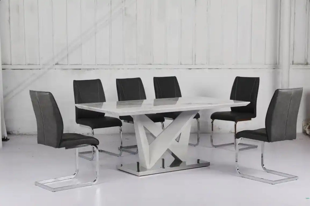 Gianna Dining Table Set For 6 With Leather Upholstered Chairs - Black/ Chrome