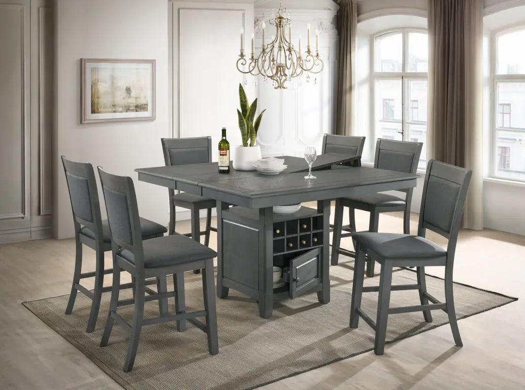 Finch Wooden Dining Table Set For 6 With Pub Height Chairs - Grey