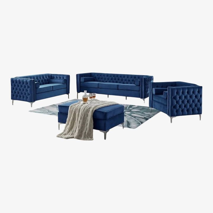 Brett 3-Piece Sofa Set With Storage Ottoman & Velvet Upholstery - Enticing Blue