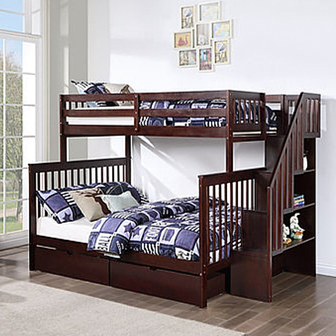 Melody Bunk Bed (Single/ Double) With Storage Drawers & Pull Out Trundle - Espresso