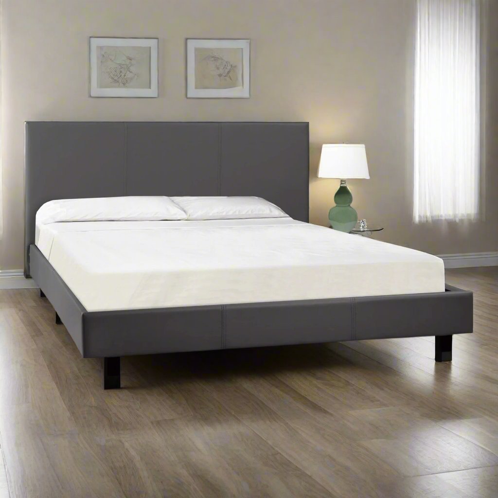 Lennox Platform Bed Frame In Faux Leather Upholstery - Grey - Gray - Close-Up Detail