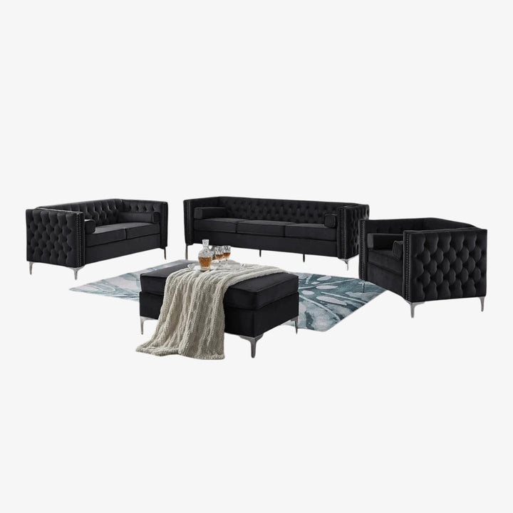 Brett 3-Piece Sofa Set With Storage Ottoman & Velvet Upholstery - Midnight Black