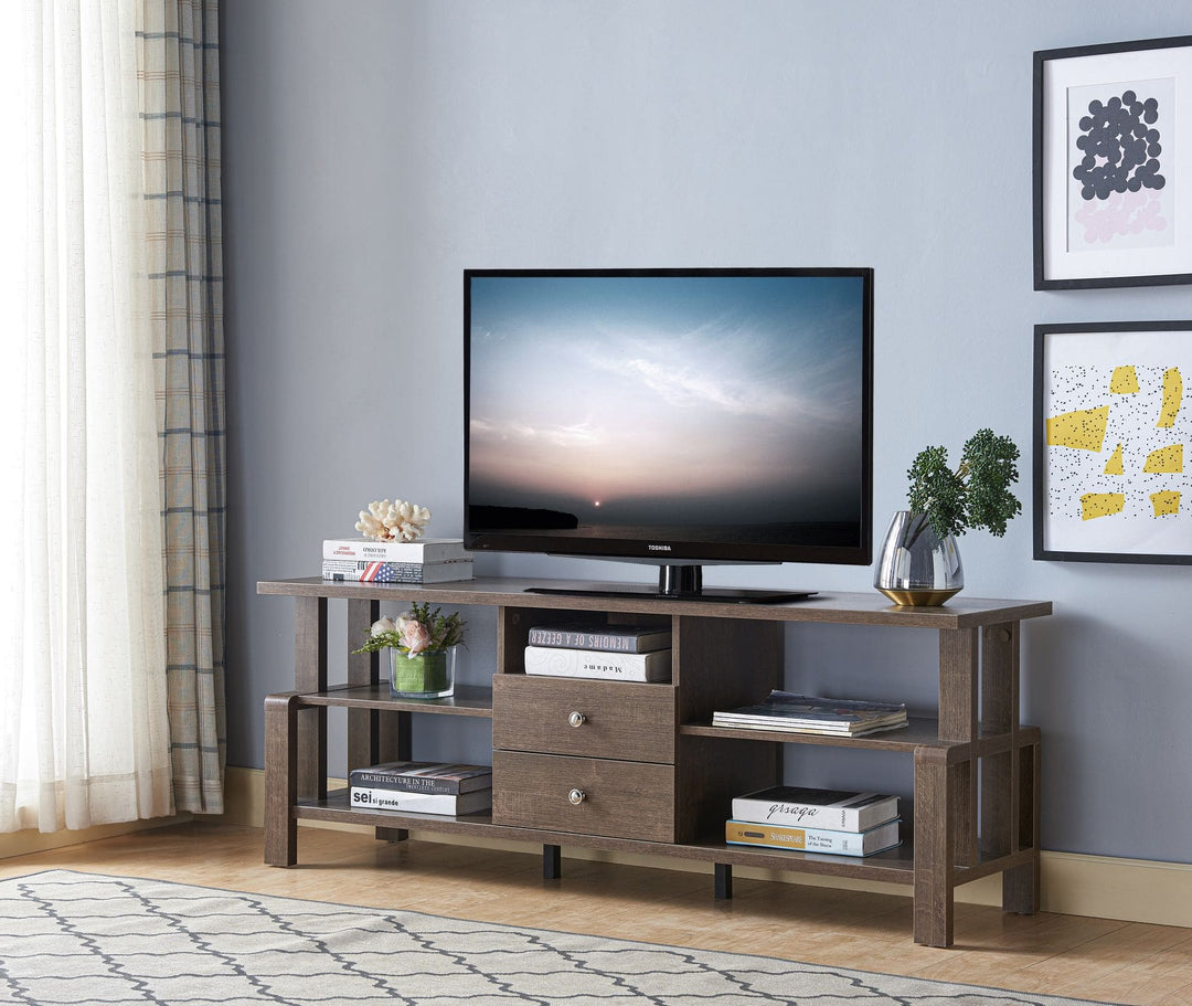 Refined Walnut Oak 60-Inch TV Stand with Storage Drawers and Open Shelves