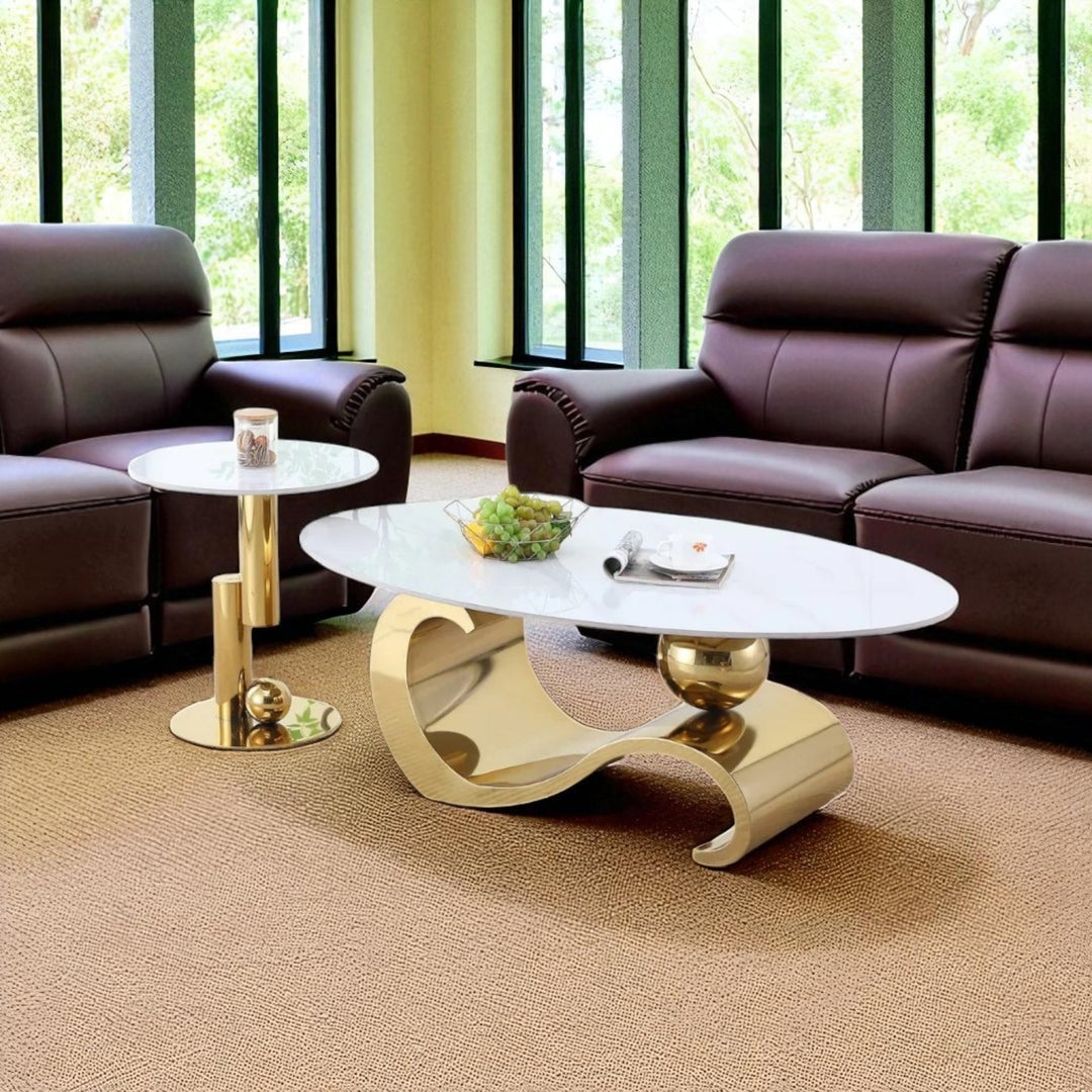 Jocelyn Metallic Coffee Table Set In Polished Gold/ White Finish