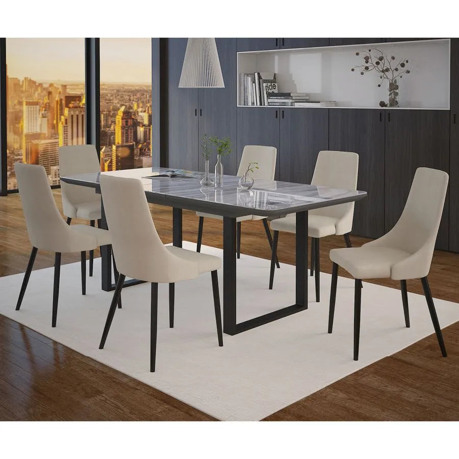 Modern Comfort 7-Piece Dining Set: Contemporary Extension Table with Marbled-Look Glass Top and Mid-Century Chairs in Fabric Upholstery