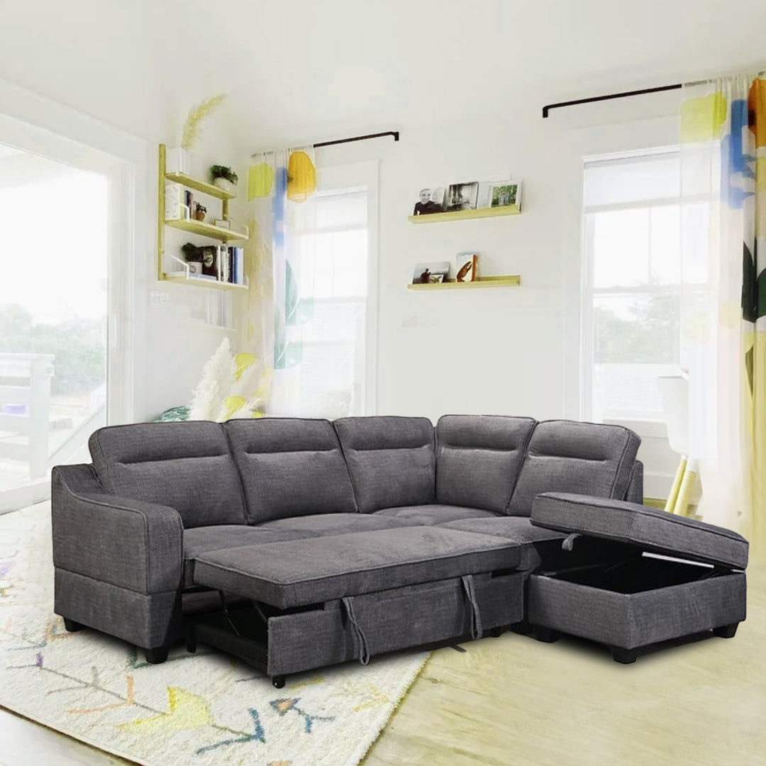 Jaber Flourish Grey Sofa Bed | RHS Storage Chaise & Storage Ottoman