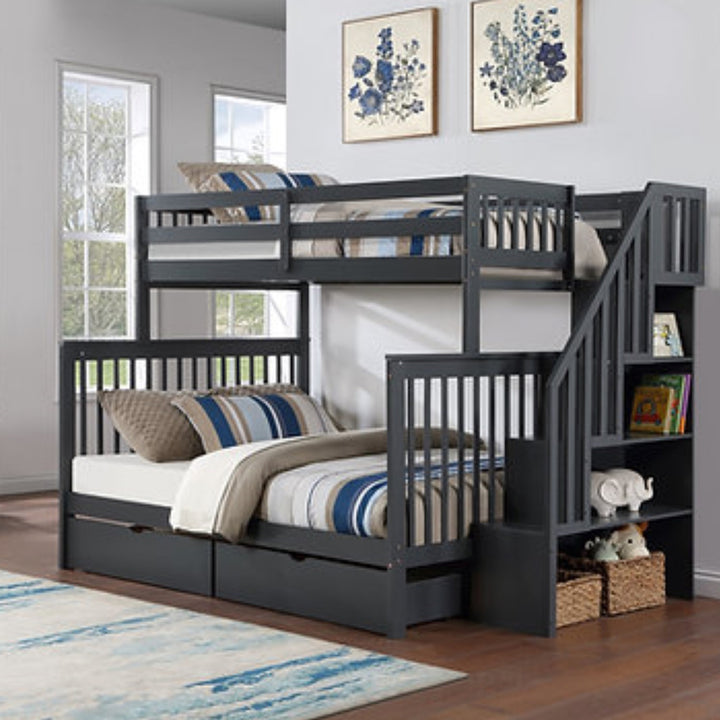 Melody Bunk Bed (Single/ Double) With Storage Drawers & Pull Out Trundle - Grey