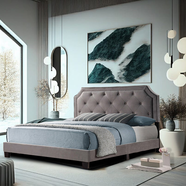 Greece Gray Platform Bed With Sophisticated Valvet Fabric - Gray