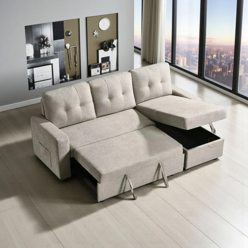 Evane Sectional Sofa Bed With Reversible Storage Chaise - Beige