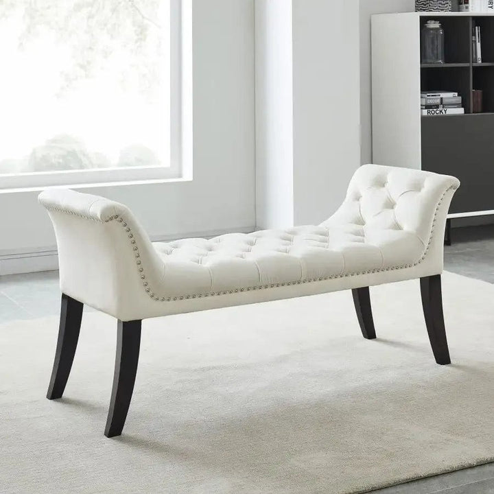 Joy Velvet Upholstered Bench With Nail Head Detailing - Ivory