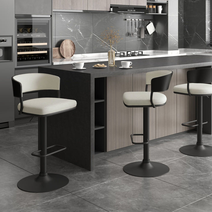 Levion Fabric Upholstered Adjustable Air-Lift Counter Stool With Metal Frame (Set of 2) - Ivory/ Black