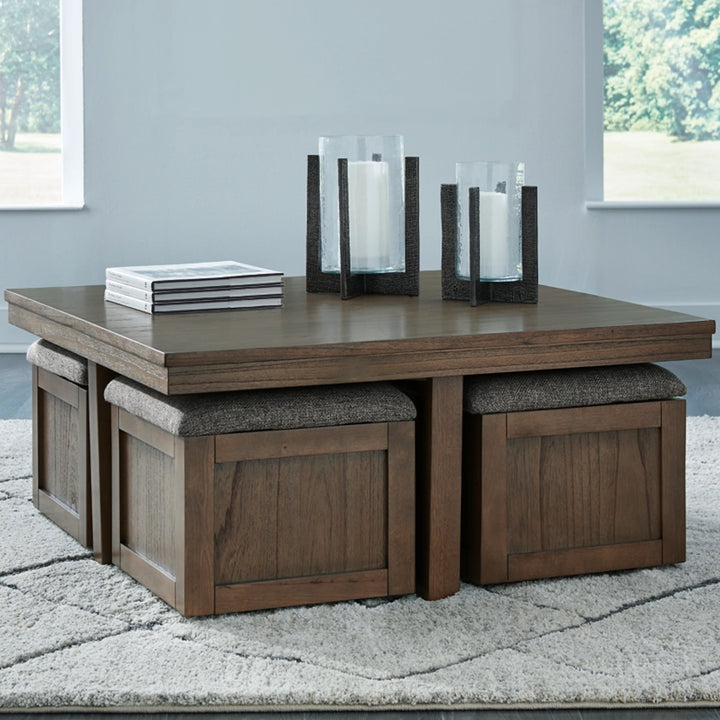 T738-20 Boardernest Coffee Table With Stools - Brown | Signature Design By Ashley