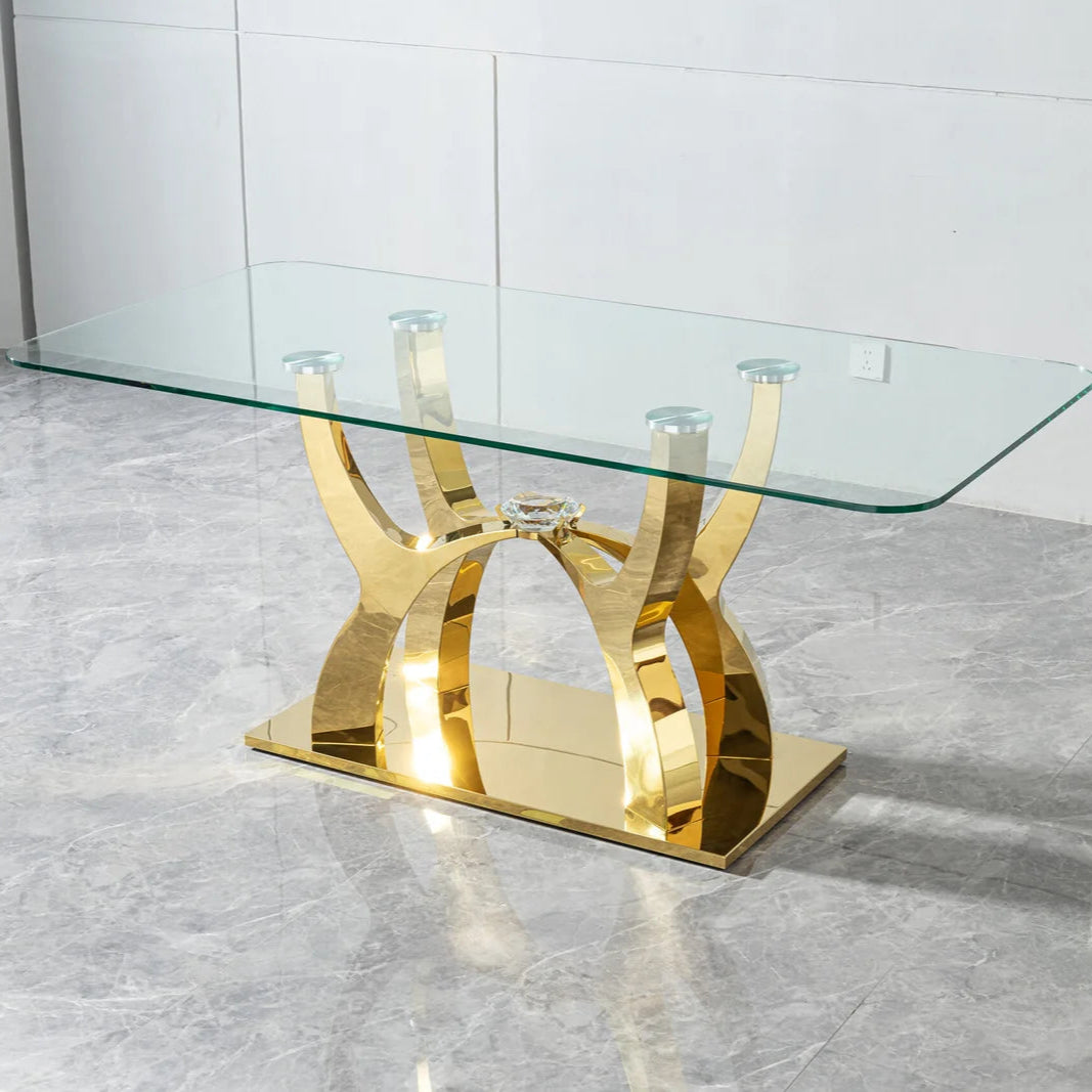 Trinity Metallic Dining Table Set For 6 With Fabric/ Leather Upholstered Chairs - Beige/ Gold