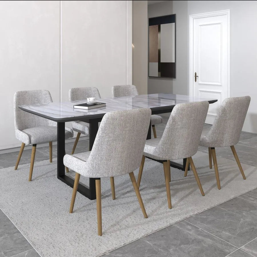 Modern Elegance 7-Piece Dining Set: Contemporary Extension Table with Marbled-Look Glass Top and Mid-Century Chairs in Light Grey Upholstery