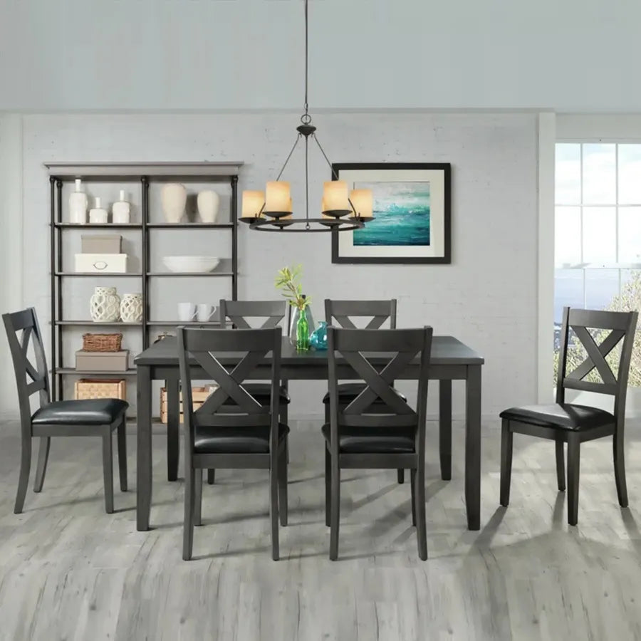 7-Piece Dining Table Set with Comfortable Leather Seats and Gray Finish
