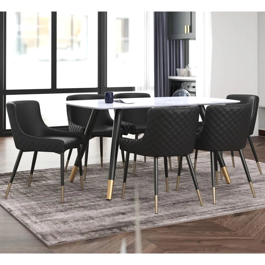 Elegance in Harmony 7pc Dining Set: Contemporary Table with Matte Black and Aged Gold Accents, Modern Chairs with Faux Leather Upholstery
