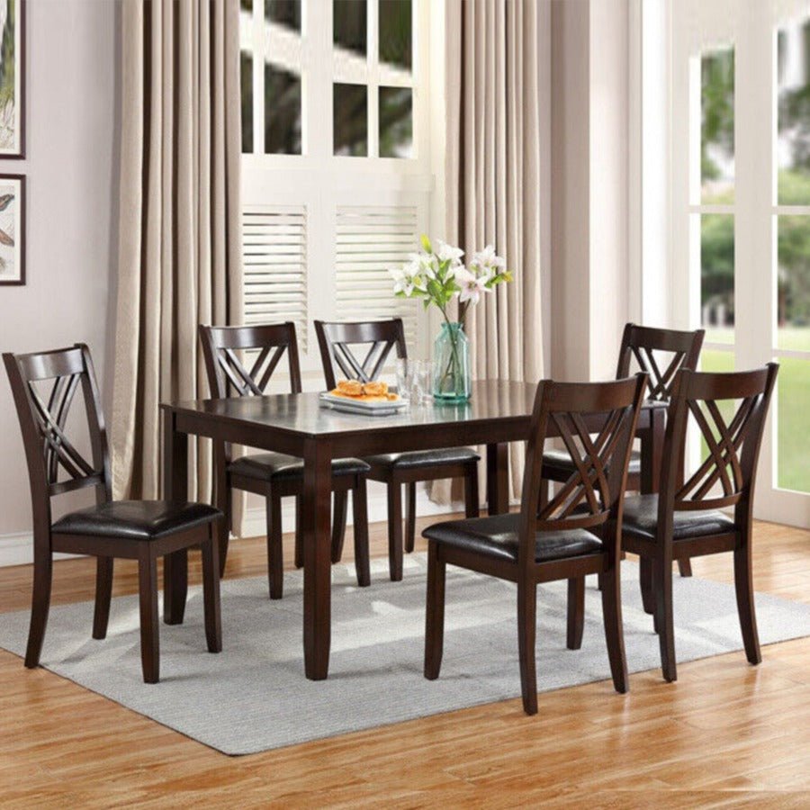 Rustic XX Style 7-Piece Wooden Dining Table Set: Versatile Elegance with Comfortable Chairs and Easy Assembly
