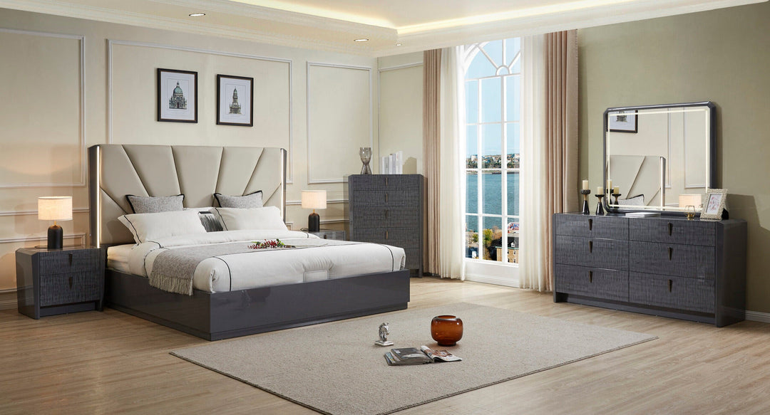 Nocturne 8-Piece Bedroom Set With Built-in LED Lights & Wireless Charging - Grey