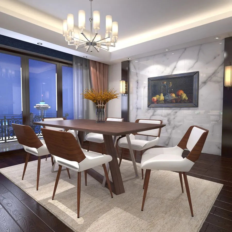 7-Piece Dining Set Contemporary Table with Walnut Finish and Brushed Stainless Steel Legs, Mid-Century Chairs with Faux Leather Upholstery