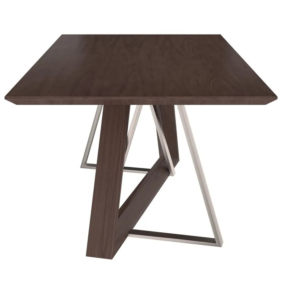 7-Piece Dining Set Contemporary Table with Walnut Finish and Brushed Stainless Steel Legs, Mid-Century Chairs with Faux Leather Upholstery