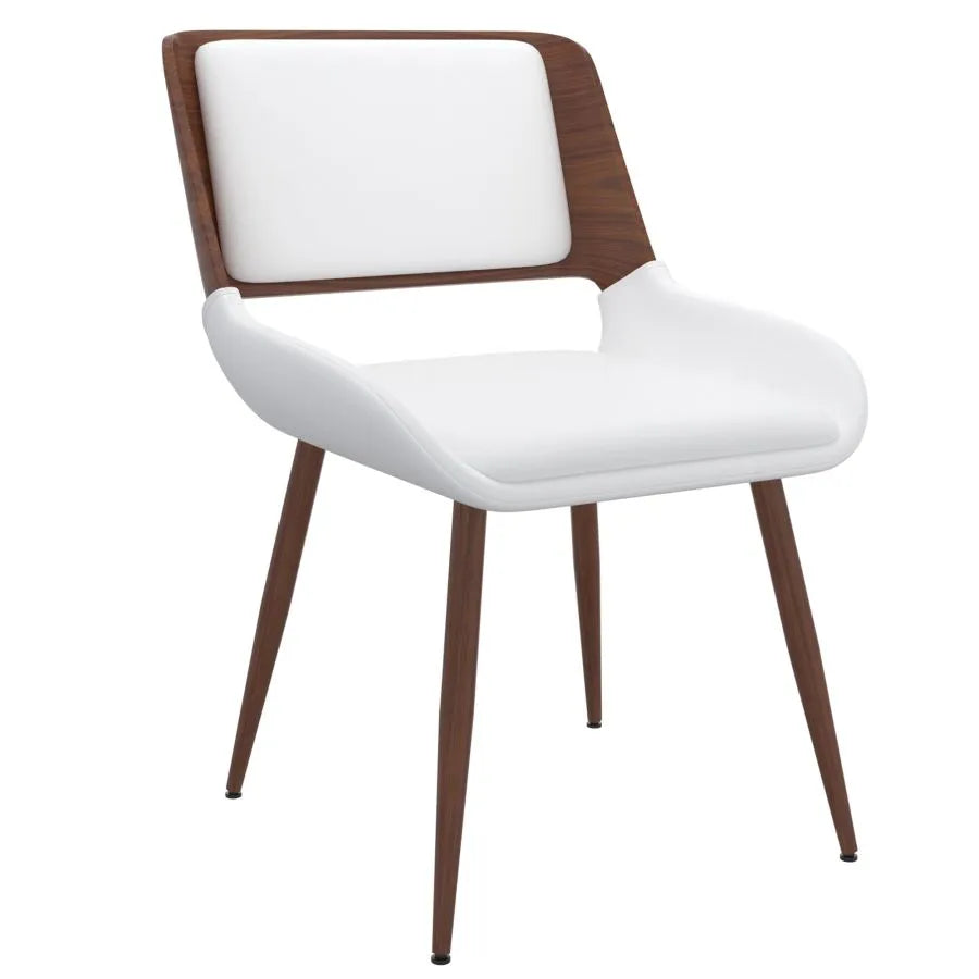 7-Piece Dining Set Contemporary Table with Walnut Finish and Brushed Stainless Steel Legs, Mid-Century Chairs with Faux Leather Upholstery