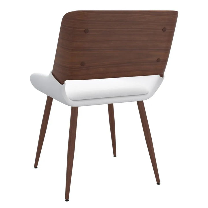 7-Piece Dining Set Contemporary Table with Walnut Finish and Brushed Stainless Steel Legs, Mid-Century Chairs with Faux Leather Upholstery