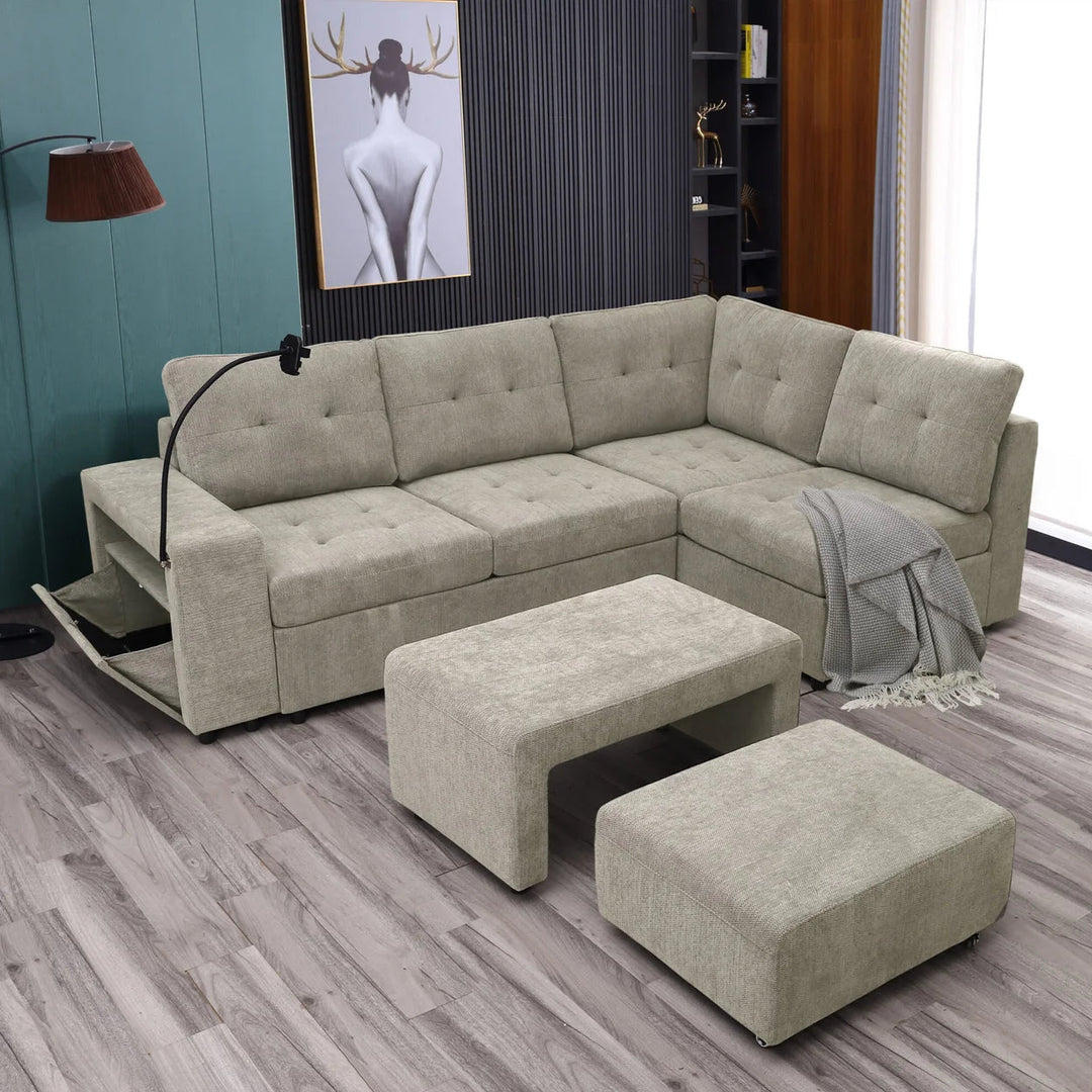 Leo Fabric Upholstered Sectional Sofa With Nesting Bench & Ottoman - Beige