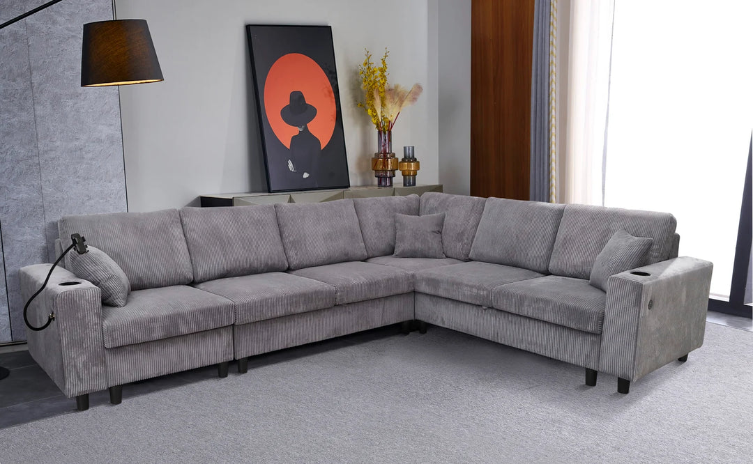 Tristan 4-Piece Fabric Sectional Sofa With USB Charging Ports - Grey