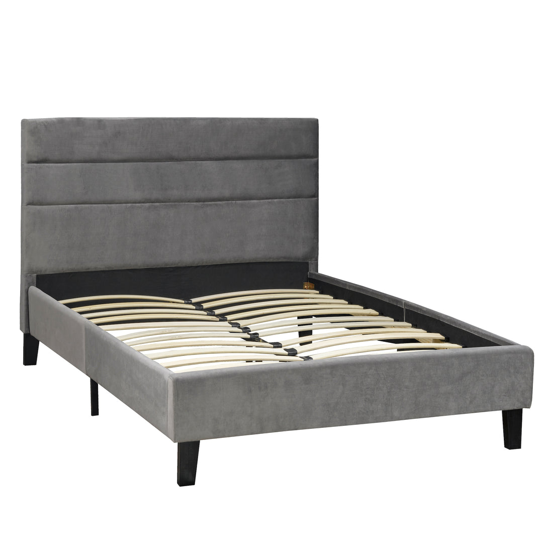 Pitras Platform Bed - Chenille Feel Fabric, Splayed Legs, Contemporary Design | Gray & Black