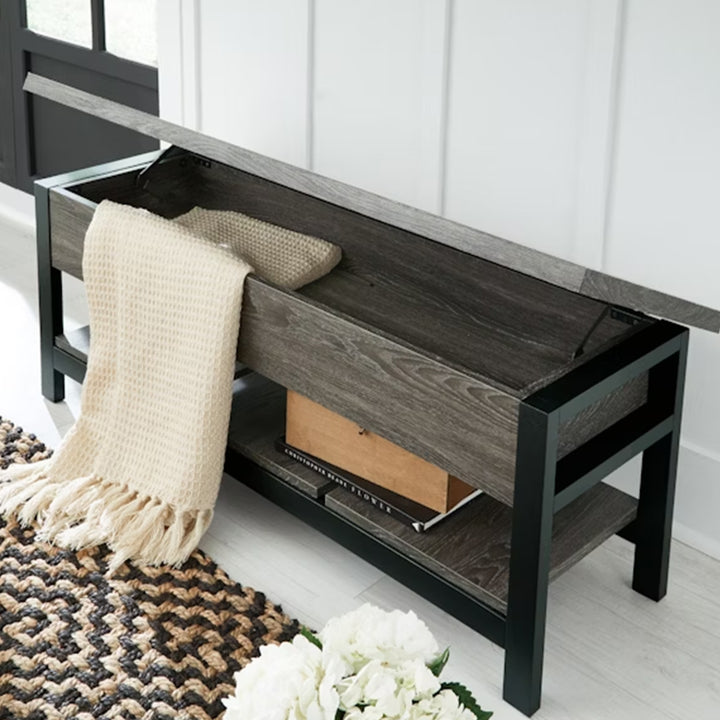 A3000313 Rhyson Storage Bench - Grey/ Black | Signature Design By Ashley