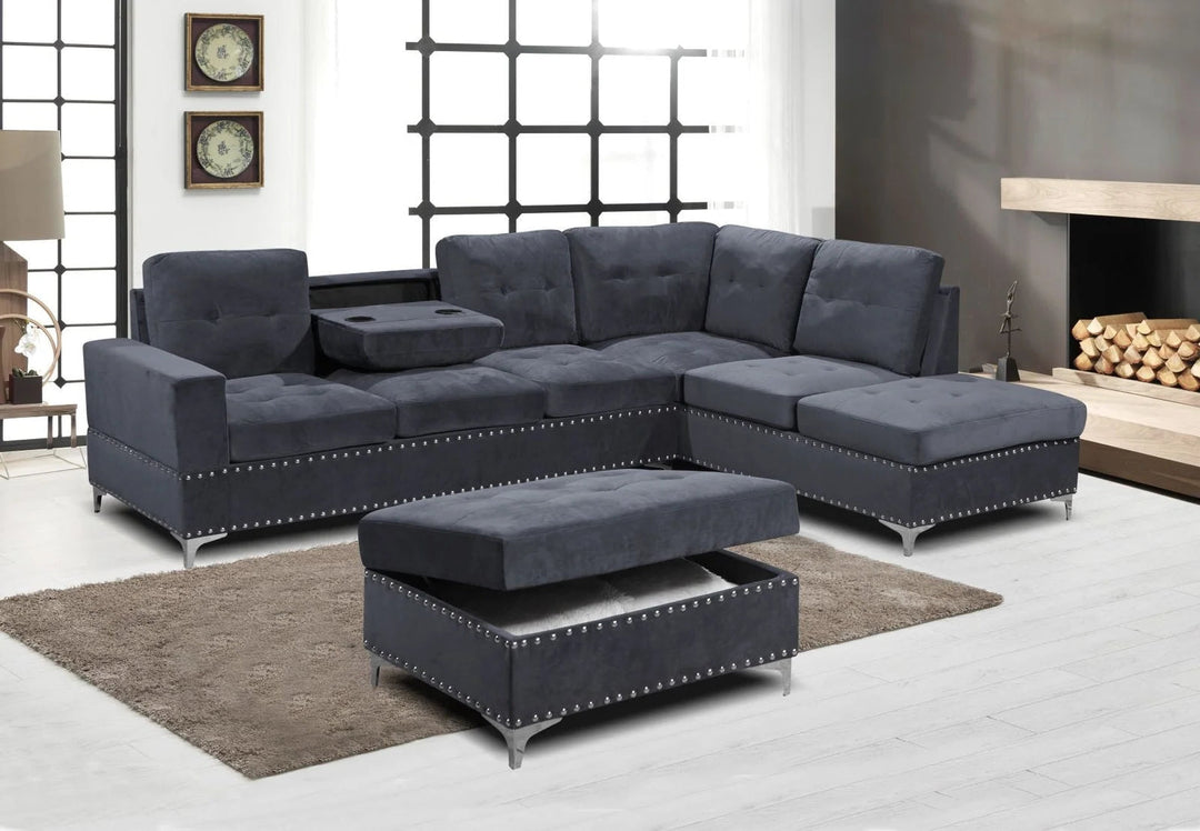 Damien Fabric Upholstered Sectional Sofa With Storage Ottoman - Grey