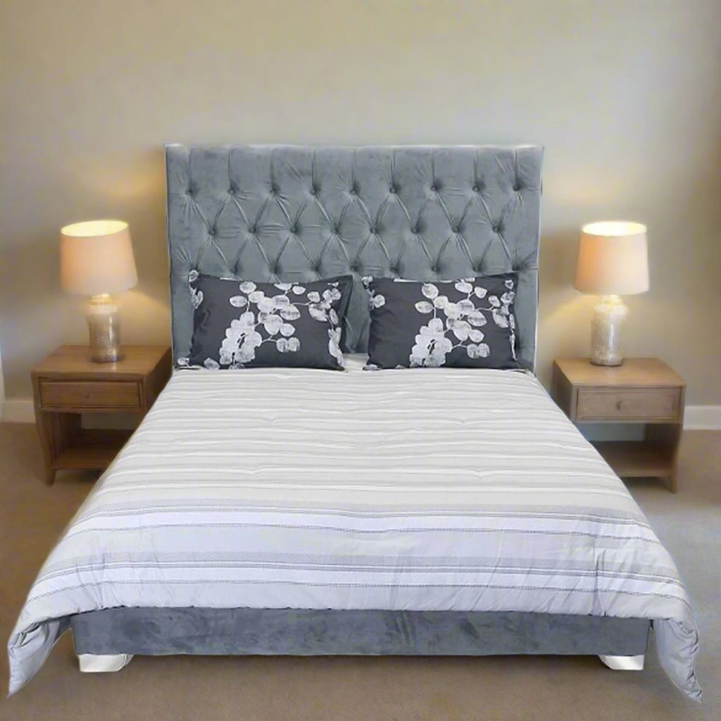 Danville Platform Bed Frame (78" King Size) With Soft Micro-Suede Fabric Upholstery | Available In Blue & Grey Colors