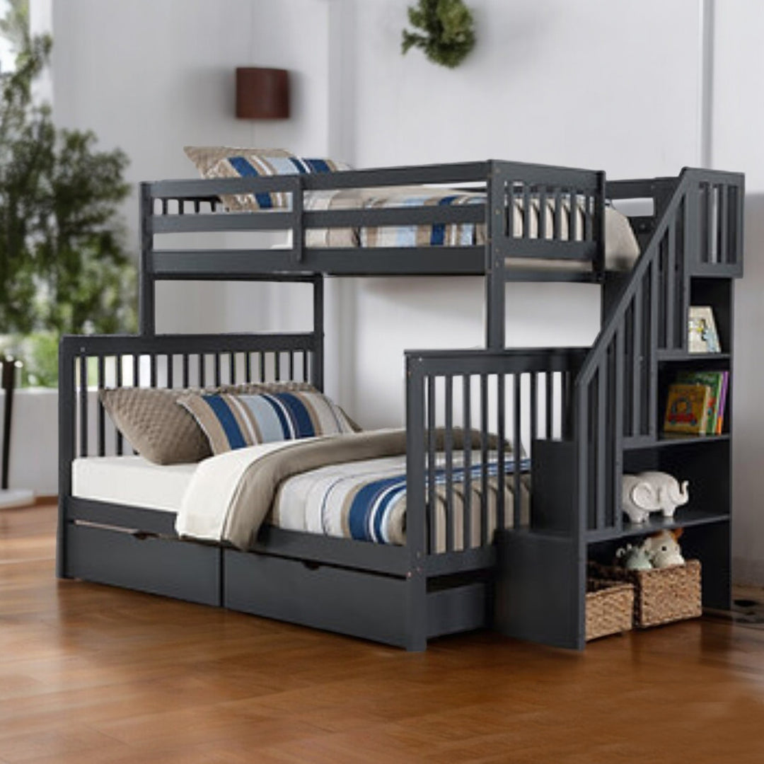Melody Bunk Bed (Single/ Double) With Storage Drawers & Pull Out Trundle - Grey
