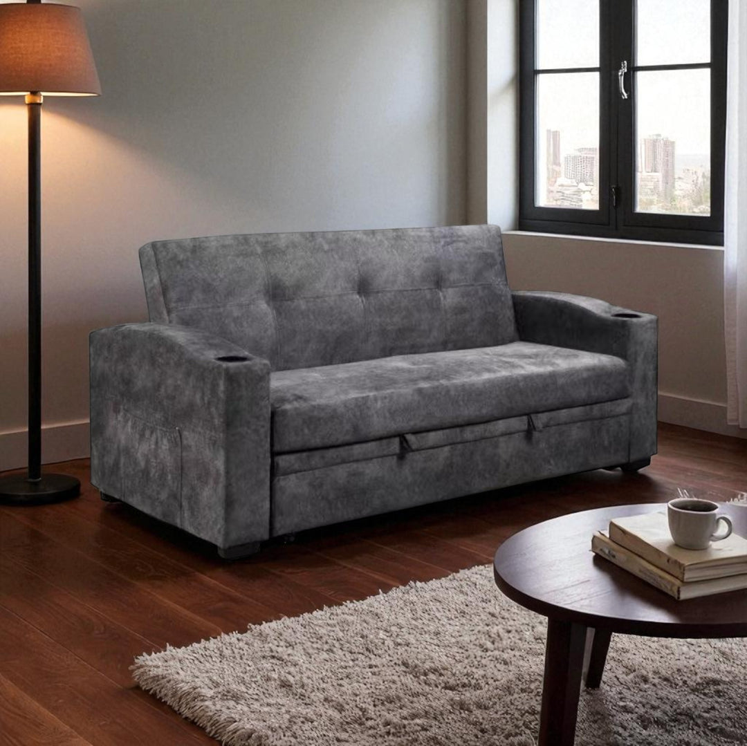 Hailey Fabric Upholstered Sofa Bed With Cup Holders - Grey
