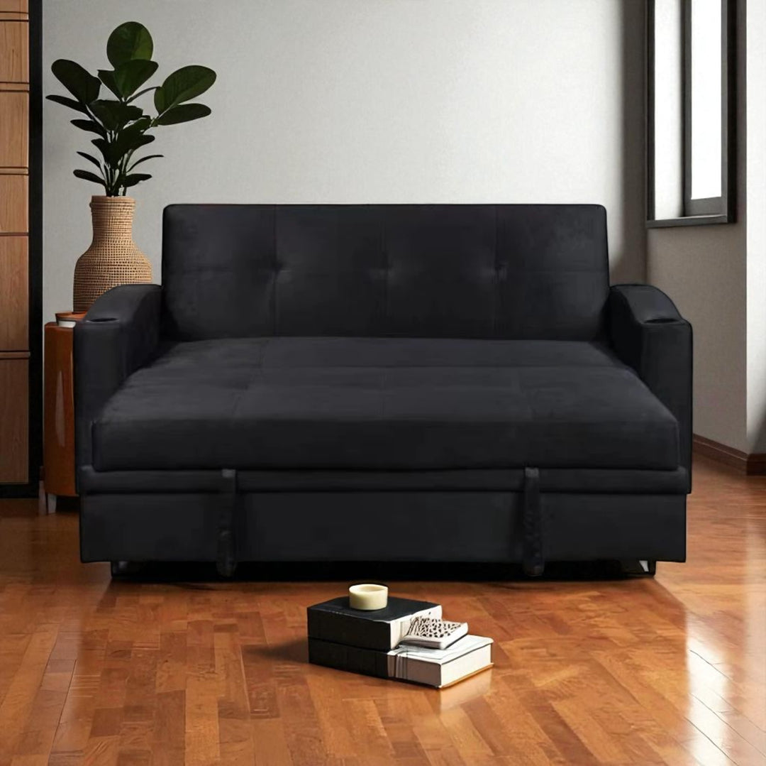 Hailey Fabric Upholstered Sofa Bed With Cup Holders - Black