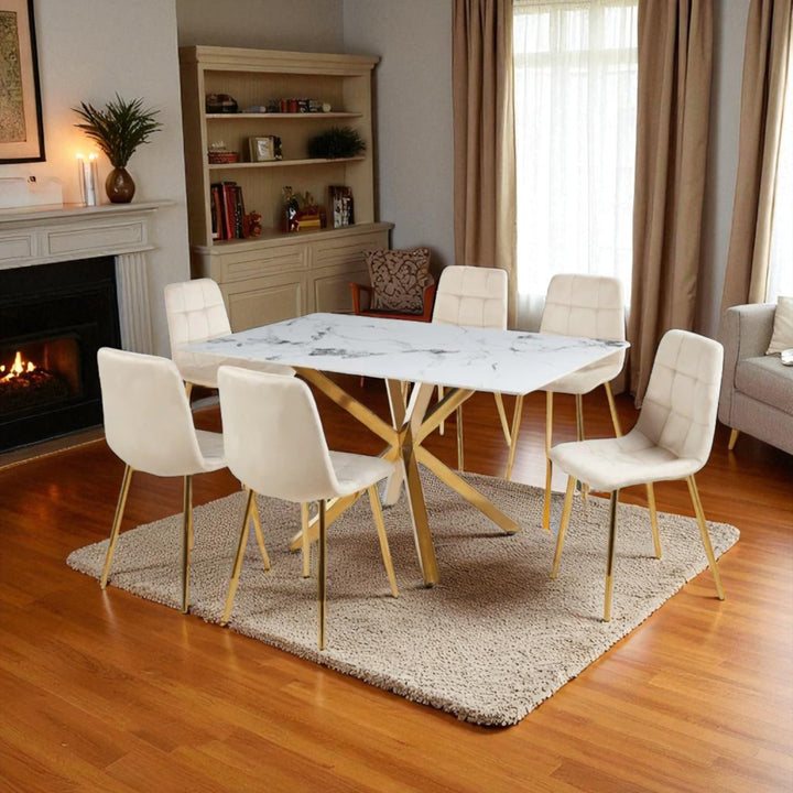 Emberis Metallic Dining Table Set For 6 With Fabric Upholstered Chairs - Beige/ Gold