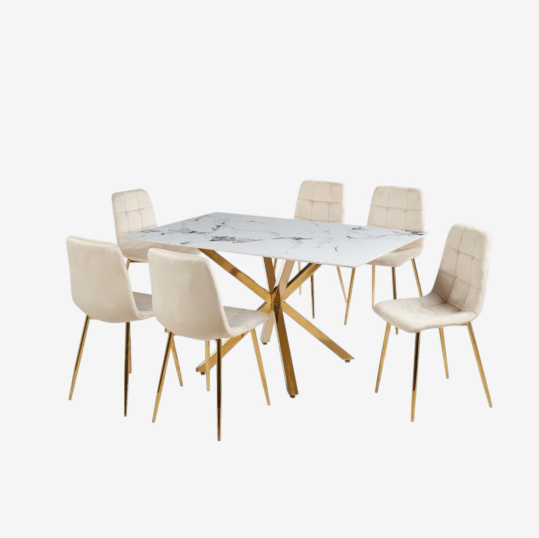 Emberis Metallic Dining Table Set For 6 With Fabric Upholstered Chairs - Beige/ Gold