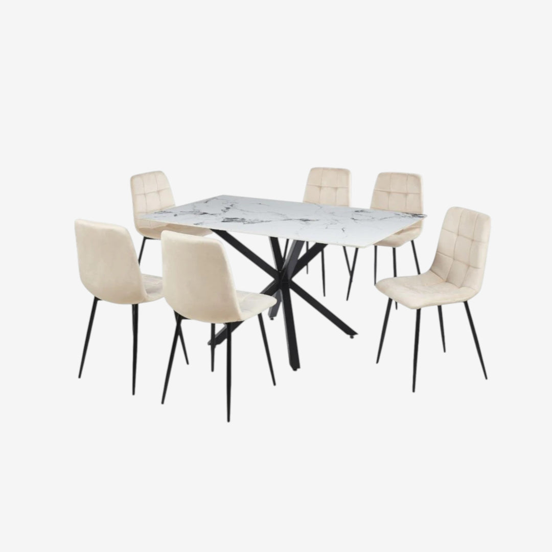 Emberis Metallic Dining Table Set For 6 With Fabric Upholstered Chairs - Beige/ Black